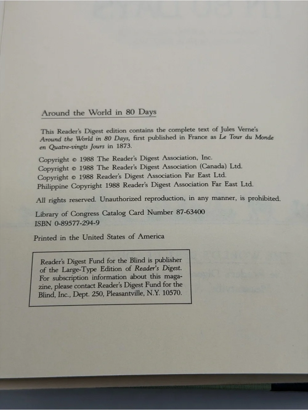 Around The World In 80 Days by Jules Verne Hardcover Book 1988 Reader's Digest